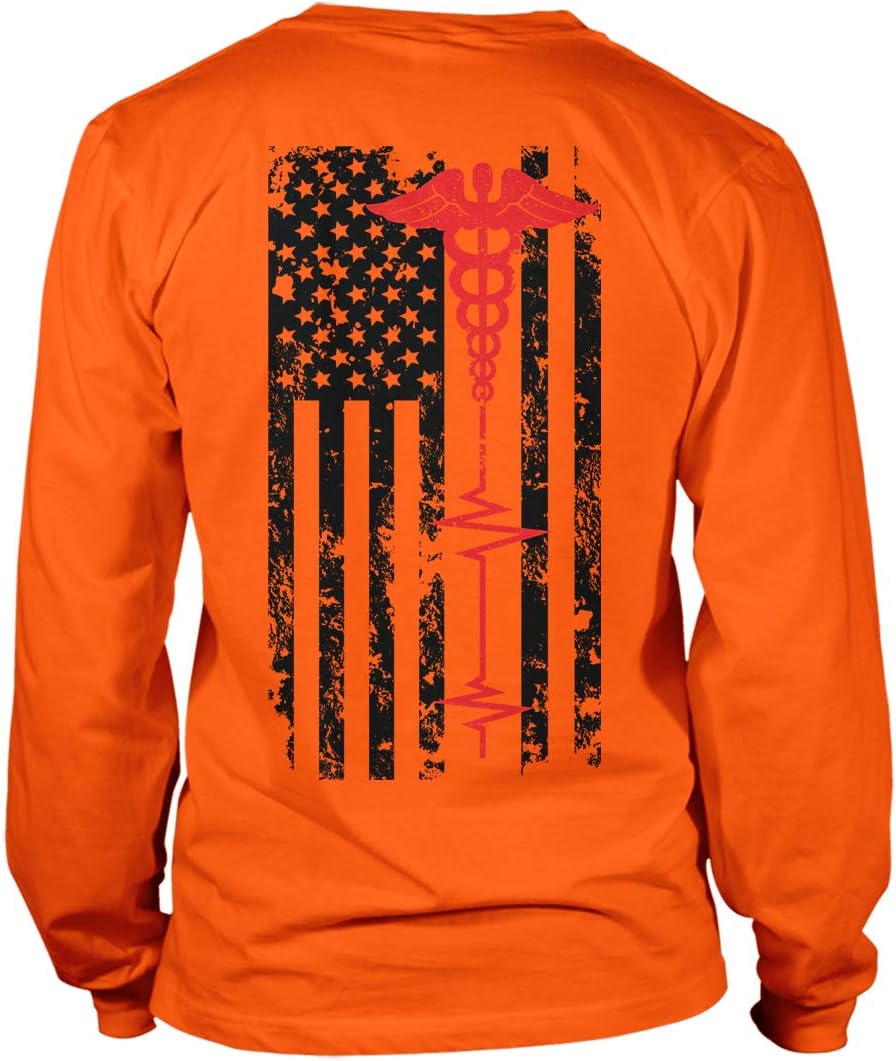 EMT Paramedic USA Flag - Red Line Support Unisex Long Sleeve Shirt - Orange - Back Print