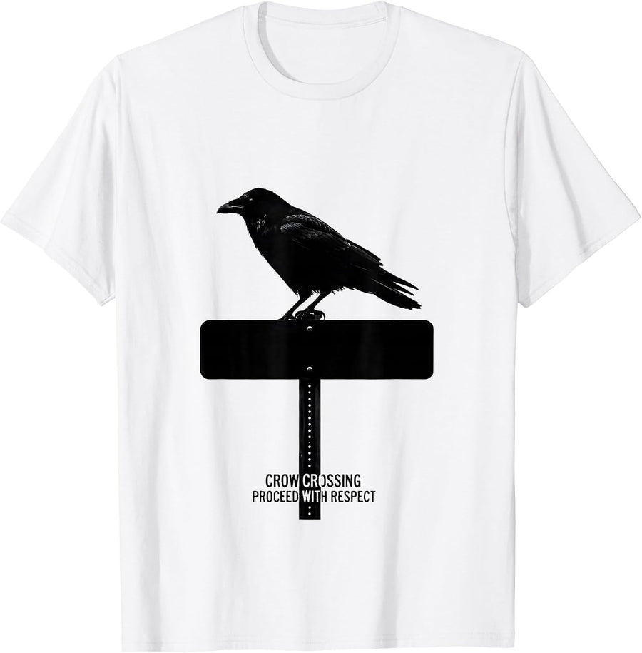 Men's Crow Crossing, Proceed With Respect Gothic Humor Bird Lover T-Shirt - White