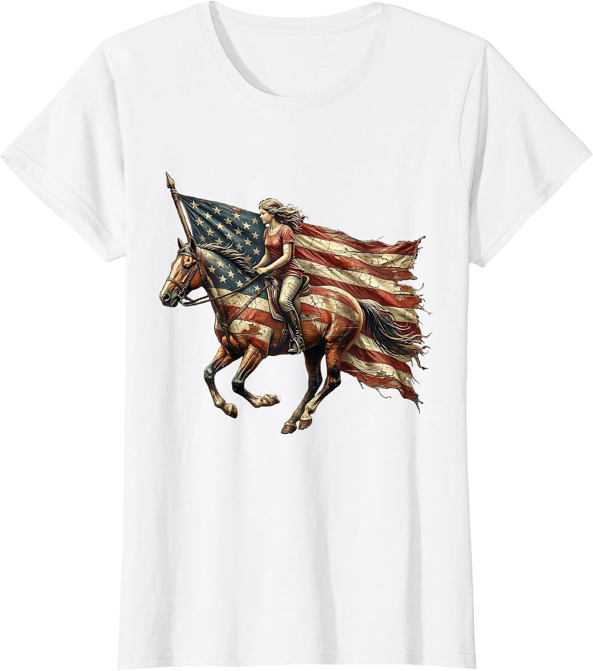Patriotic Horseback Rider with Streaming Flag T-Shirt - White