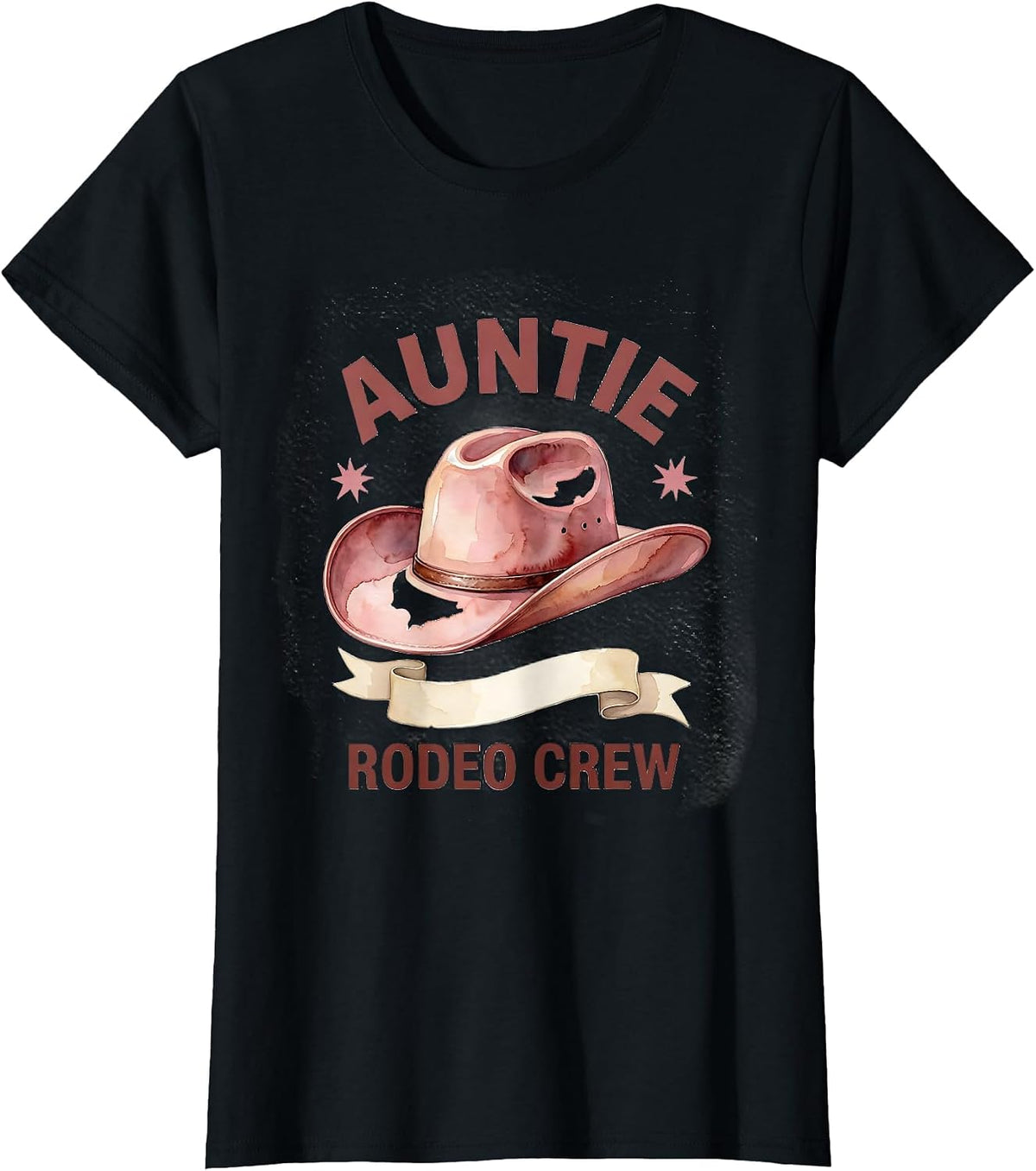 Women's Auntie Rodeo Crew Watercolor Pink Cowgirl Hat Birthday Party T-Shirt - Black