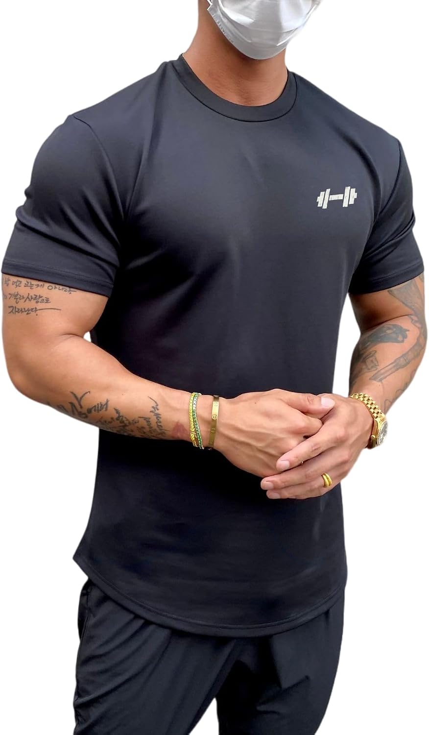 Men's Muscle Fit Longline Bodybuilding Workout Casual Fashion Short Sleeve T-Shirt - Black (Short Sleeve)