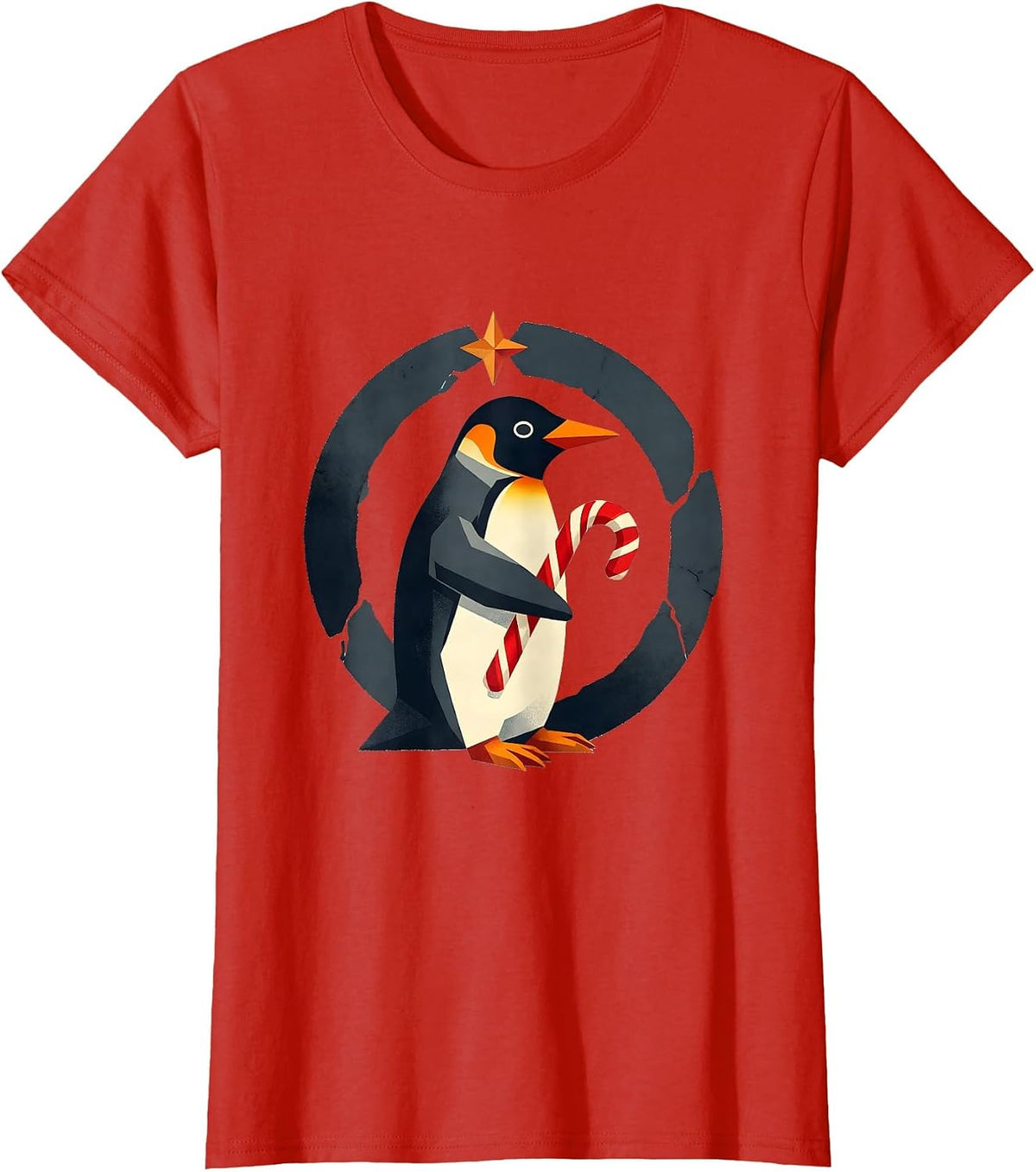 Women's Penguin Holiday Candy Cane Midcentury Modern Ugly Christmas T-Shirt - Red
