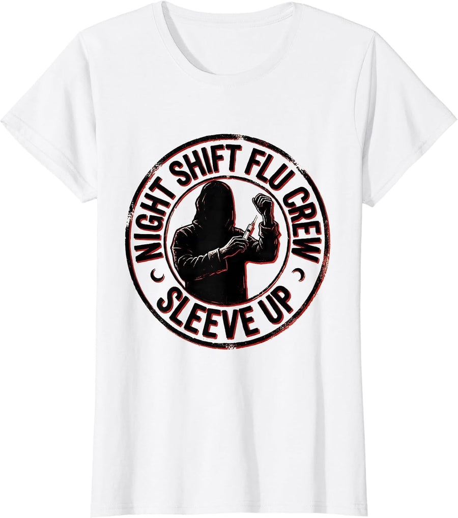 Women's Night Shift Flu Crew Sleeve Up Funny Nurse Ghost Halloween T-Shirt - White
