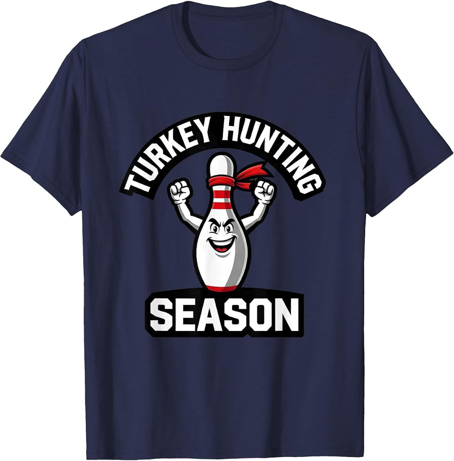Turkey Hunting Season Funny Bowling Turkey Thanksgiving T-Shirt - Navy Blue