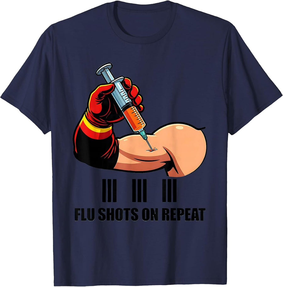 Flu Shots On Repeat Funny Pharmacy Technician Immunization T-Shirt - Navy Blue