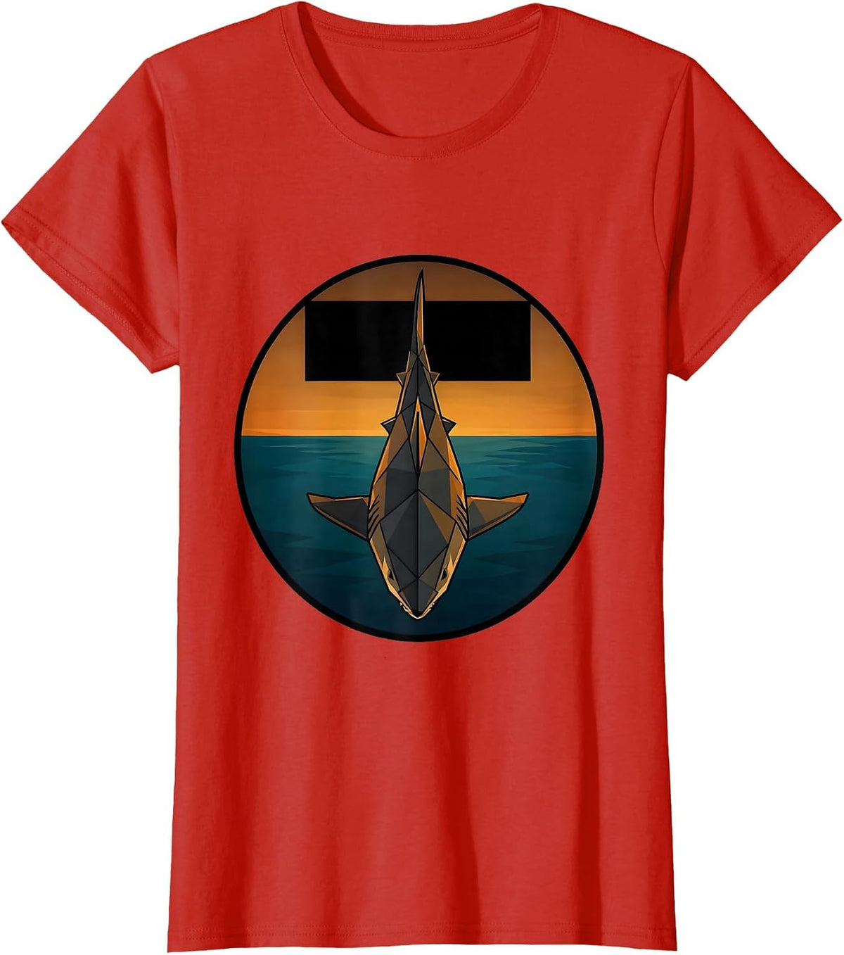 Women's Shark Silhouette Under Boat at Dusk T-Shirt - Red