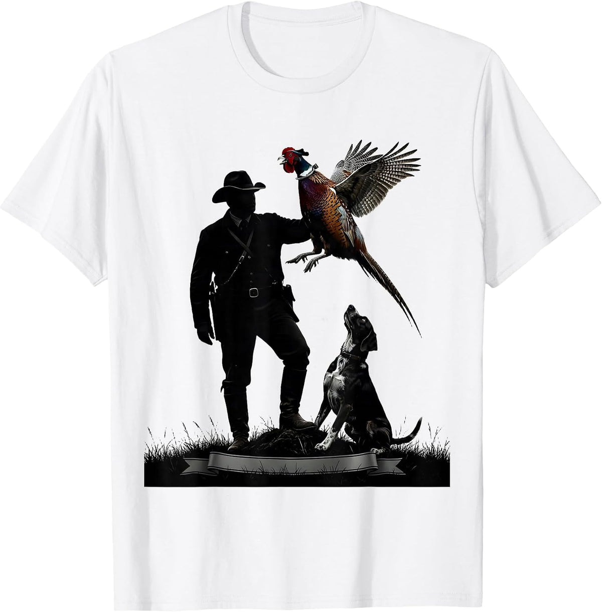 Men's Pheasant Hunter Silhouette Bird Dog Upland Hunting T-Shirt - White