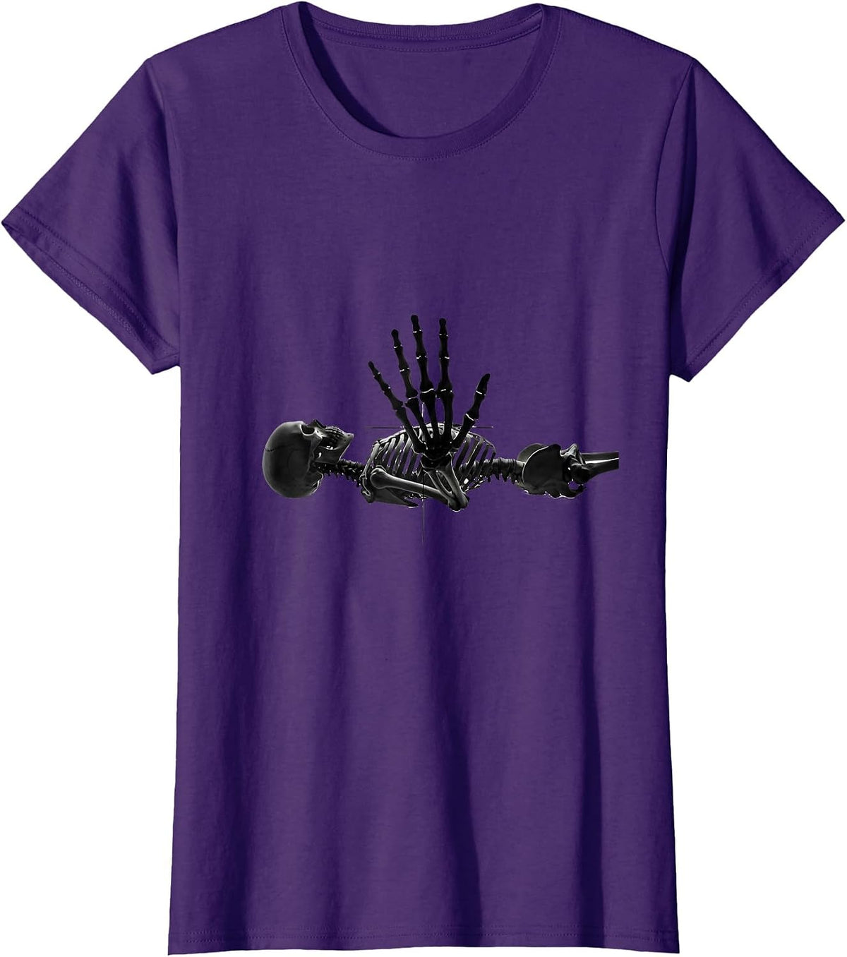 Women's Skeleton Stop Gesture Minimalist Radiology Tech Halloween T-Shirt - Purple
