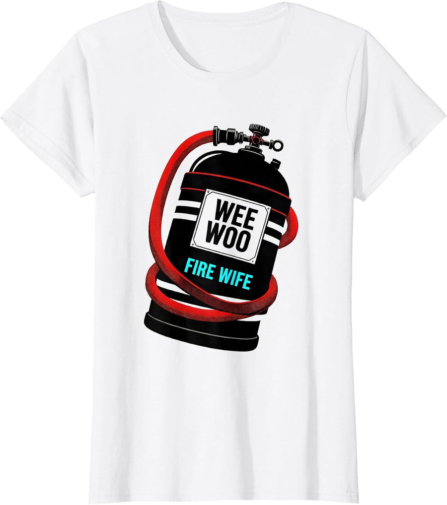 Women's Wee Woo Fire Wife New Wave Typography Firefighter Family T-Shirt - White