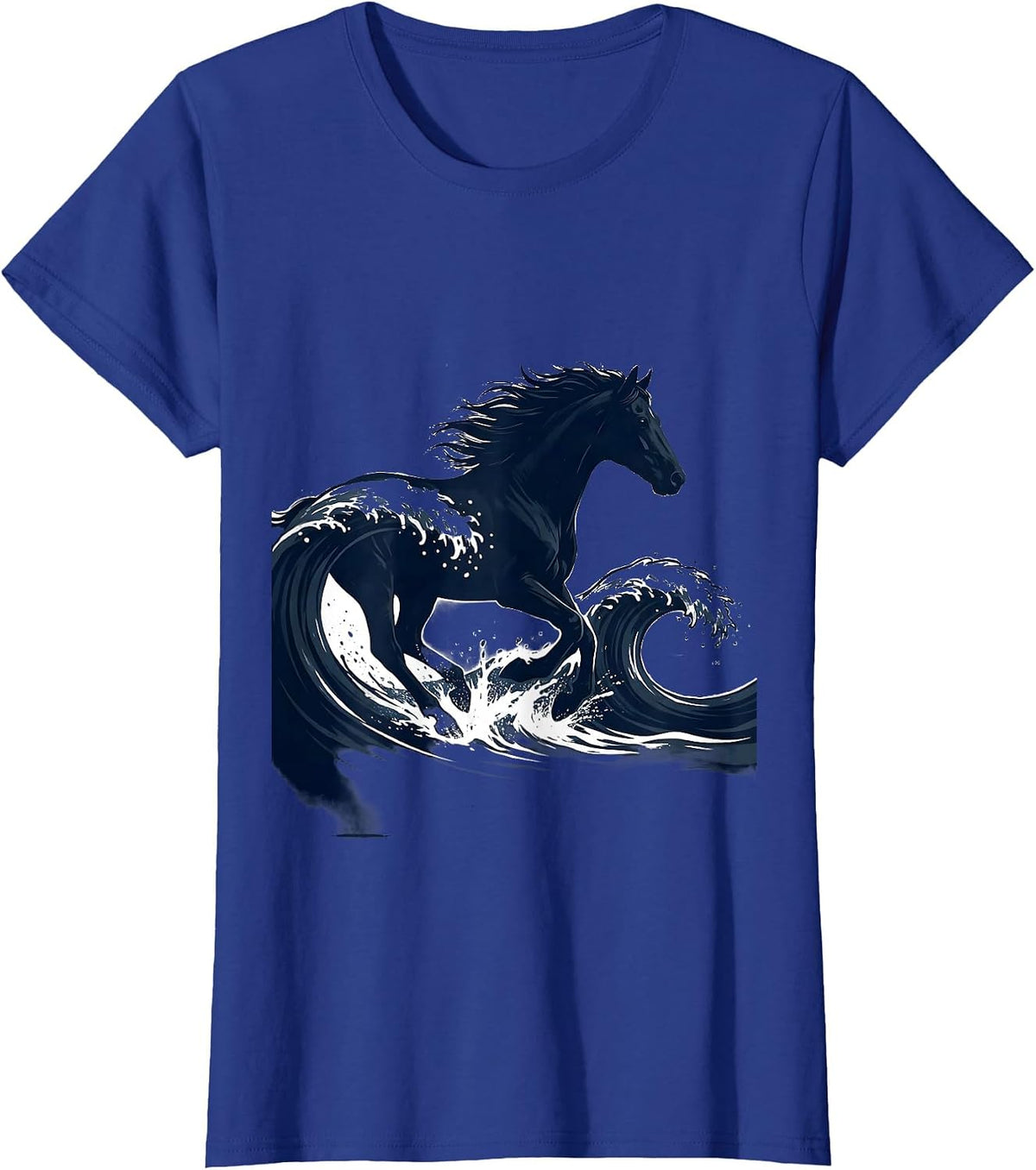 Women's White Freedom Horse Galloping Ocean Waves Design T-Shirt - Royal Blue
