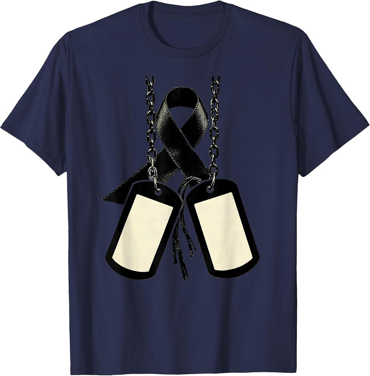 Black Ribbon Dog Tag Chain Memorial Graphic T-Shirt - Navy Blue