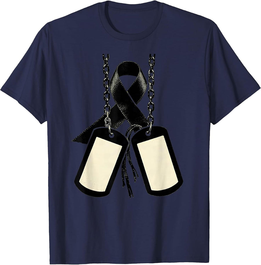 Black Ribbon Dog Tag Chain Memorial Graphic T-Shirt - Navy Blue
