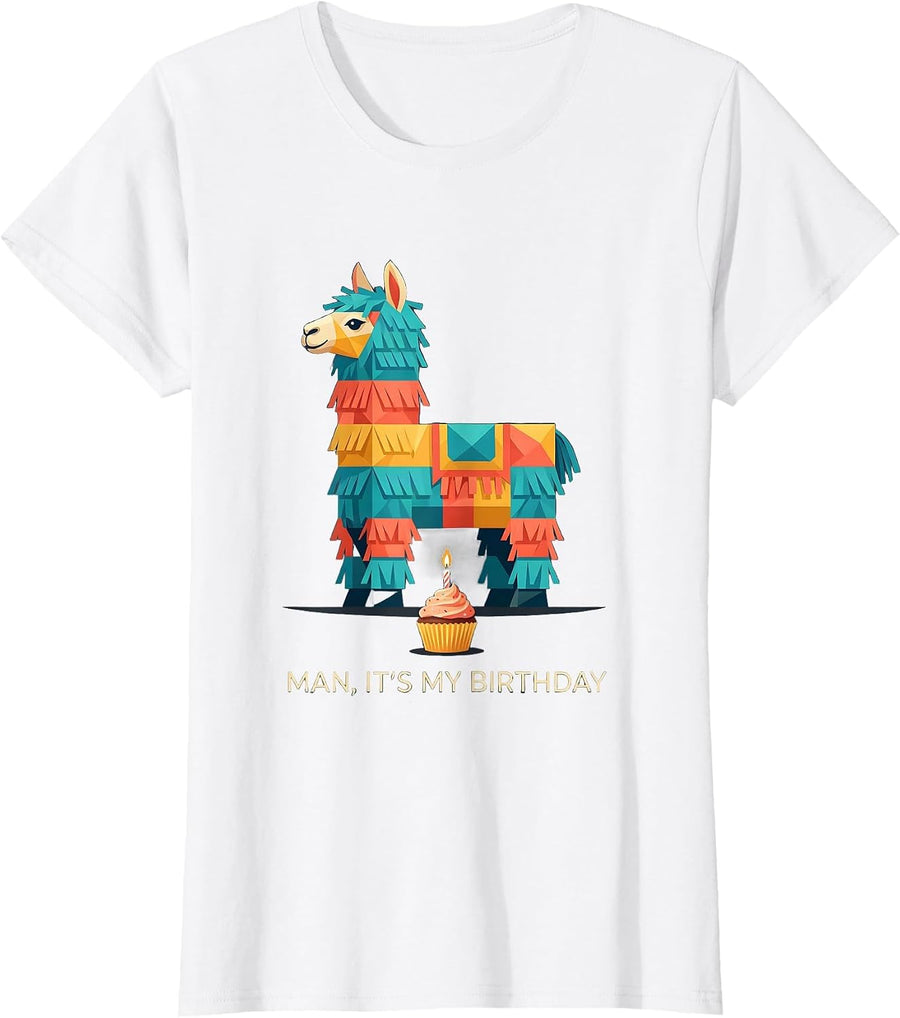 Women's MAN, IT'S MY BIRTHDAY Funny Llama Pinata Gamer Birthday Boy T-Shirt - White