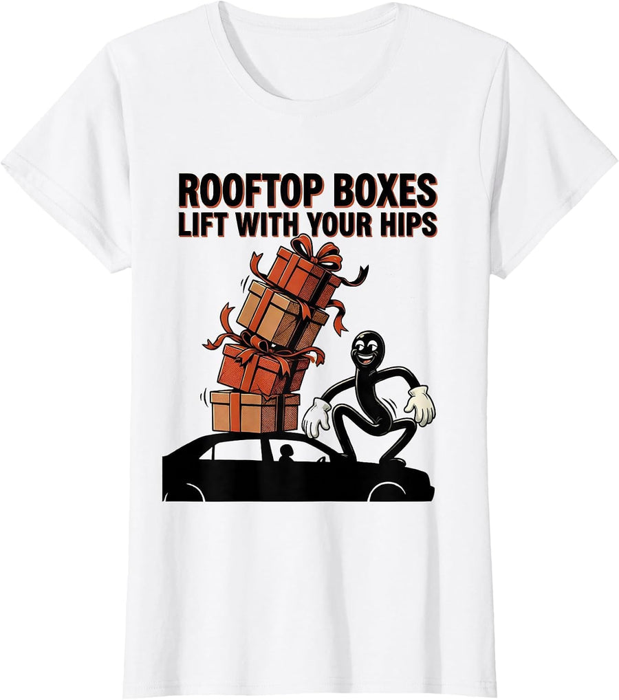 Women's Rooftop Boxes Lift With Your Hips Retro Cartoon Physical T-Shirt - White