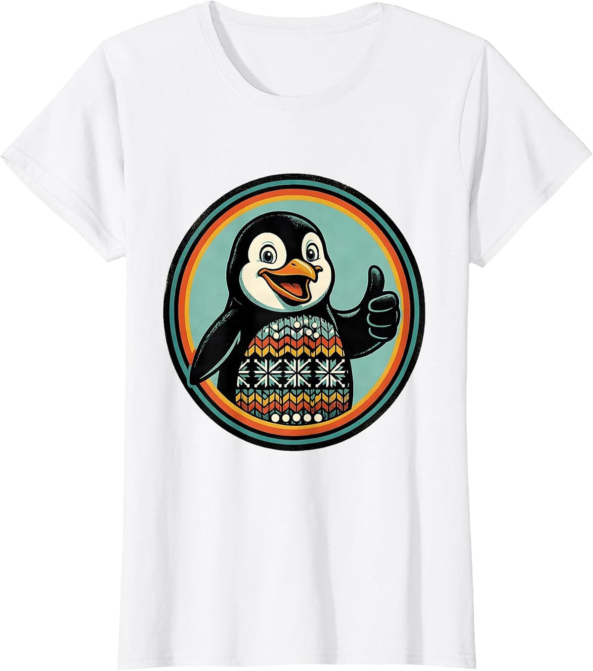 Women's Penguin Mascot Badge Retro Advertising Ugly Christmas T-Shirt - White