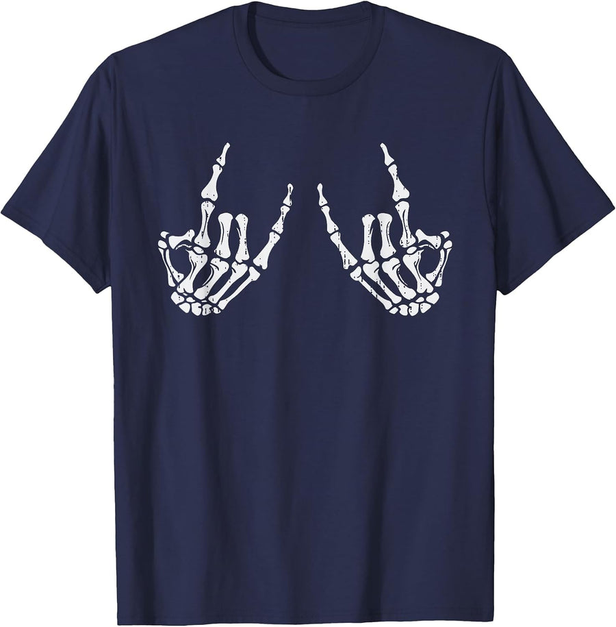 Retro Rocker Hand Sign Rock Skeleton Halloween Mens Womens T-Shirt - Navy Blue
