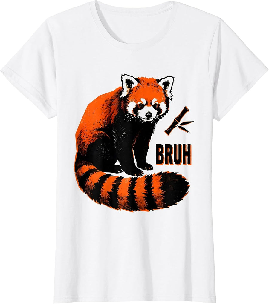 Women's Bruh Oversized Rust-Red Panda Stencil Graphic Novelty Animal T-Shirt - White