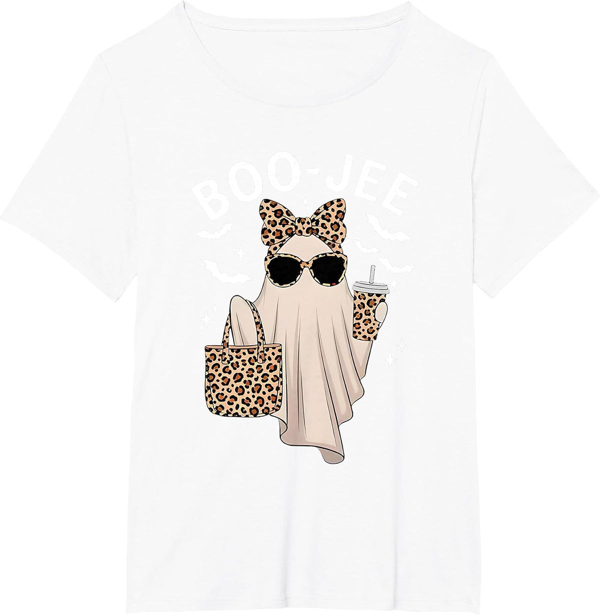 Boo-JEE Ghost Halloween Women Boo JEE Leopard Spooky Season T-Shirt - White
