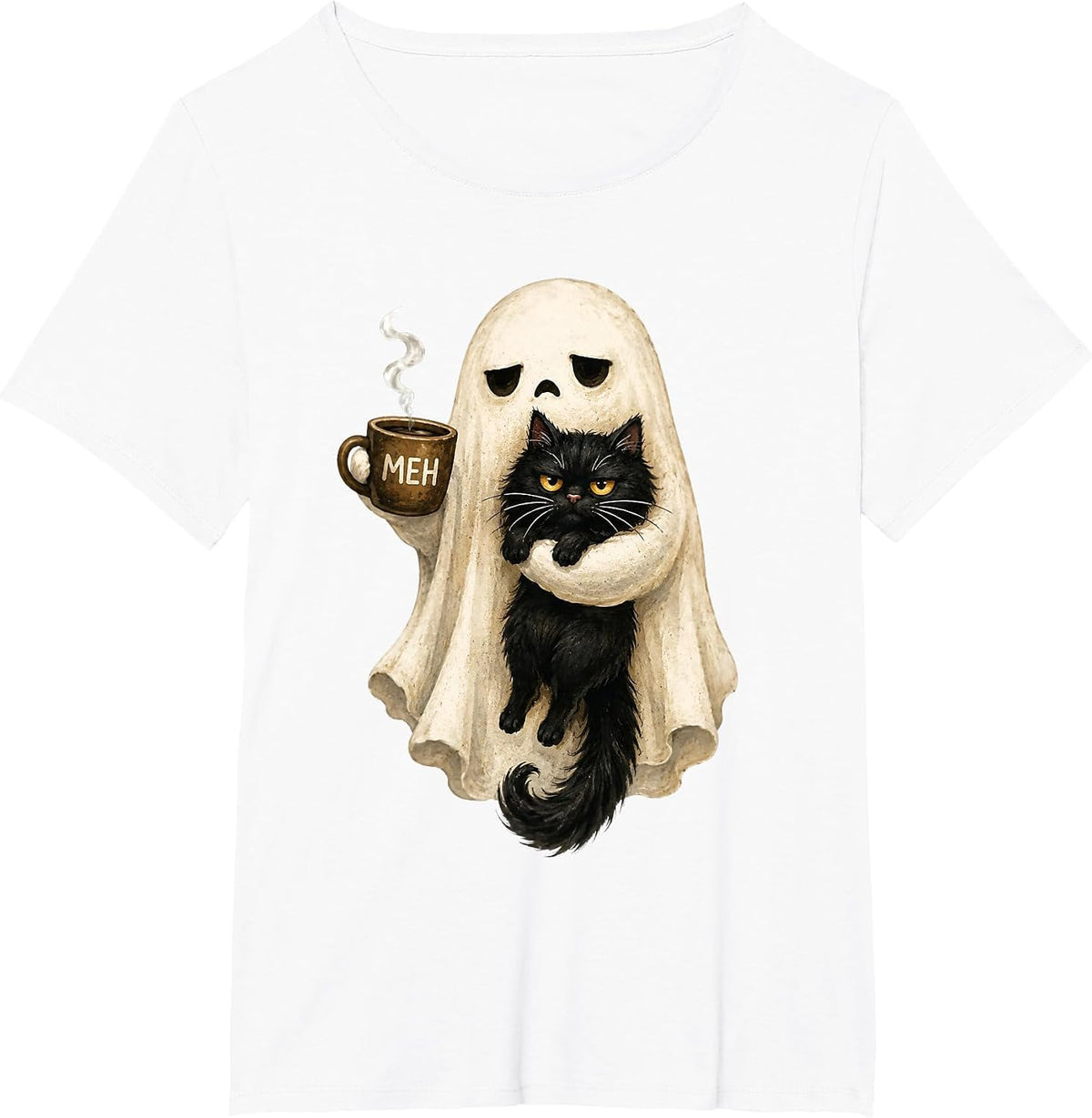 Ghost Cat Spooky Black Cat Funny Halloween Coffee Lover T-Shirt Tee for Women Men - White