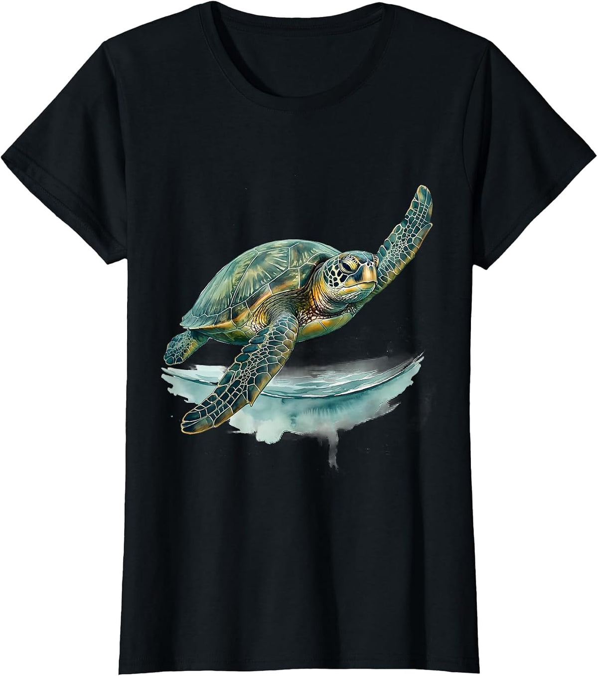 Women's Sea Turtle Watercolor Ocean Animal Beach Art T-Shirt - Black
