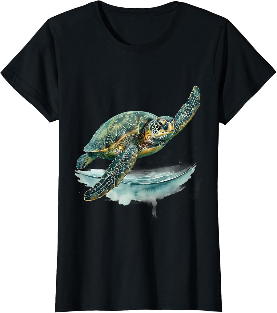 Women's Sea Turtle Watercolor Ocean Animal Beach Art T-Shirt - Black