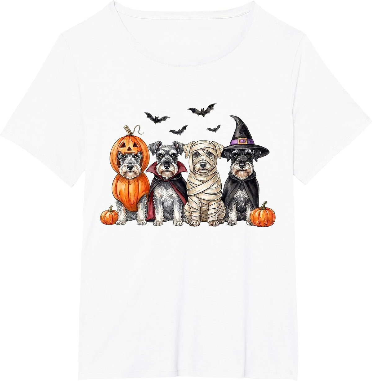 Halloween Schnauzer Squad Pumpkin Vampire Mummy Witch Dog T-Shirt - White