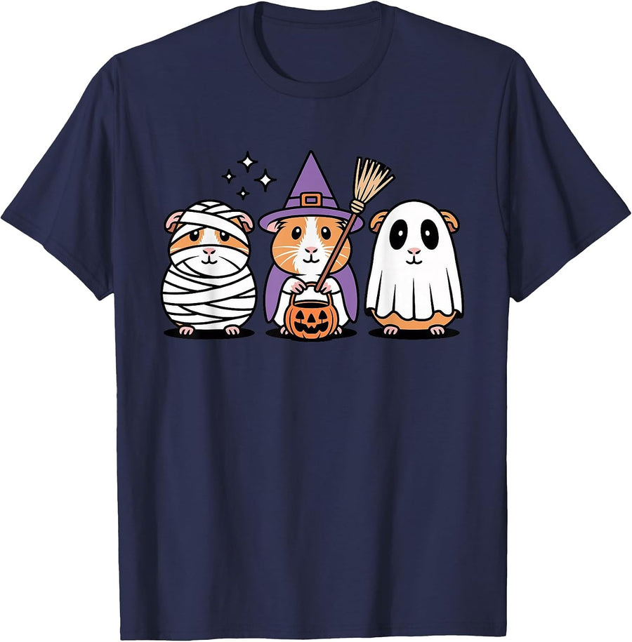 Cute Guinea Pig Halloween Witch Mummy Ghost T-Shirt - Navy Blue