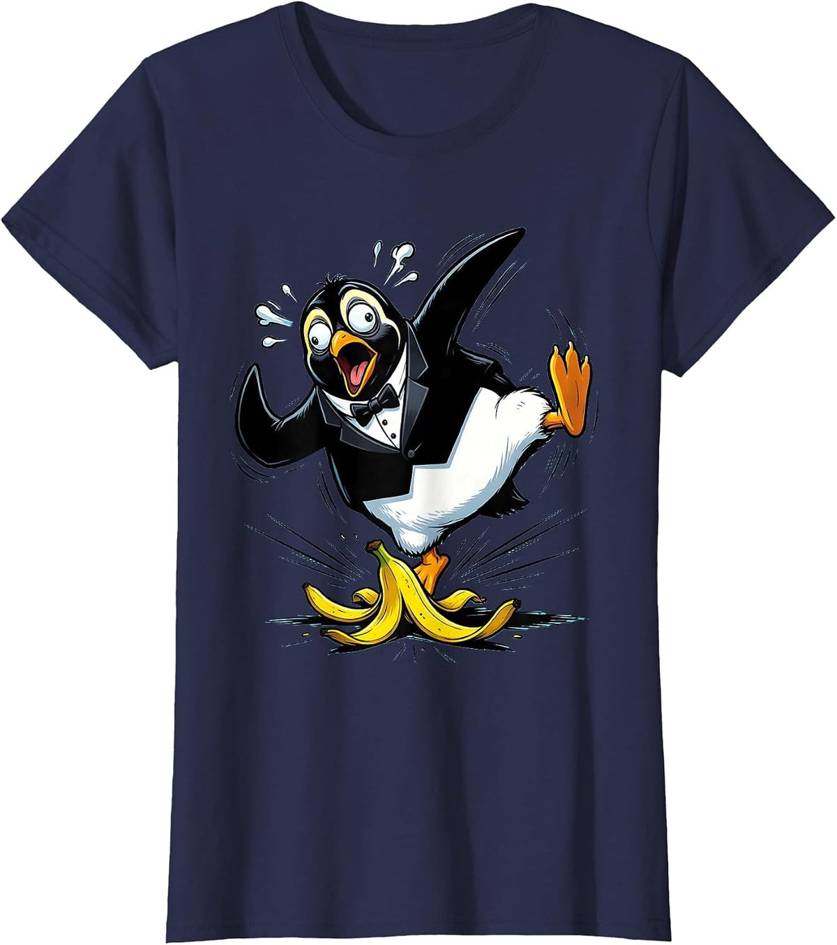 Women's Dramatic Penguin Banana Peel Slip Funny Art T-Shirt - Navy Blue