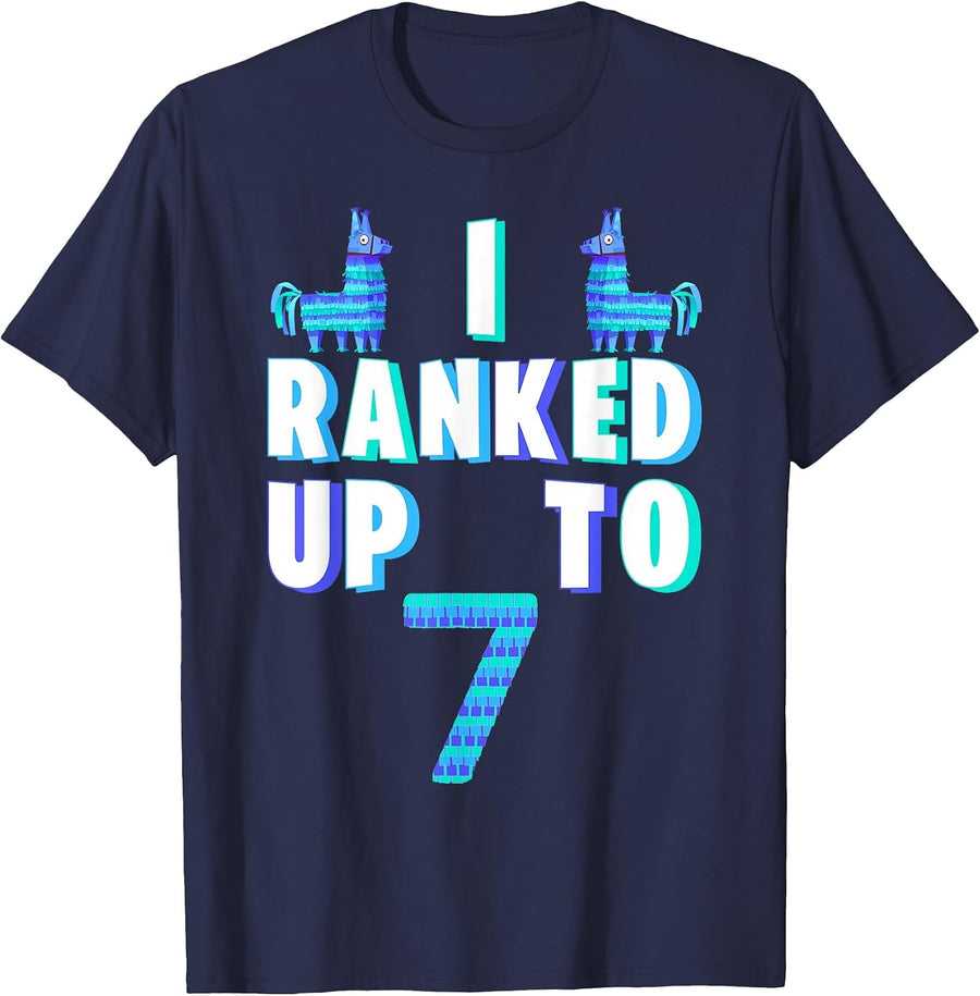 I Ranked Up to 7 Birthday Video Game Llama Piñata Birthday T-Shirt - Navy Blue