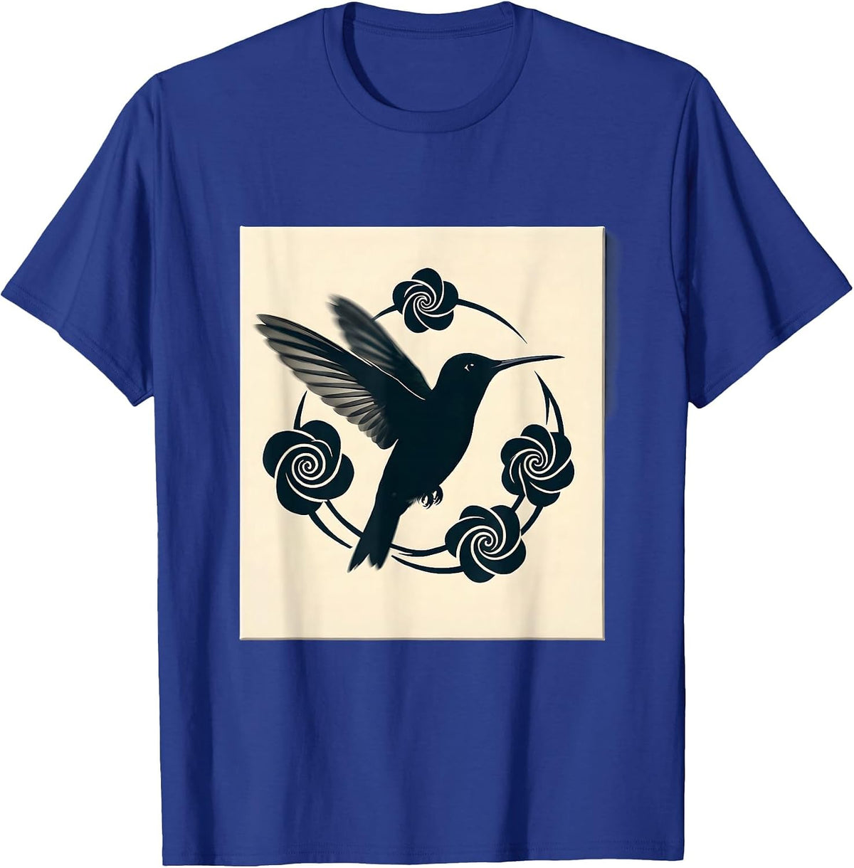 ADHD Hummingbird Swirling Floral Illustration T-Shirt - Royal Blue