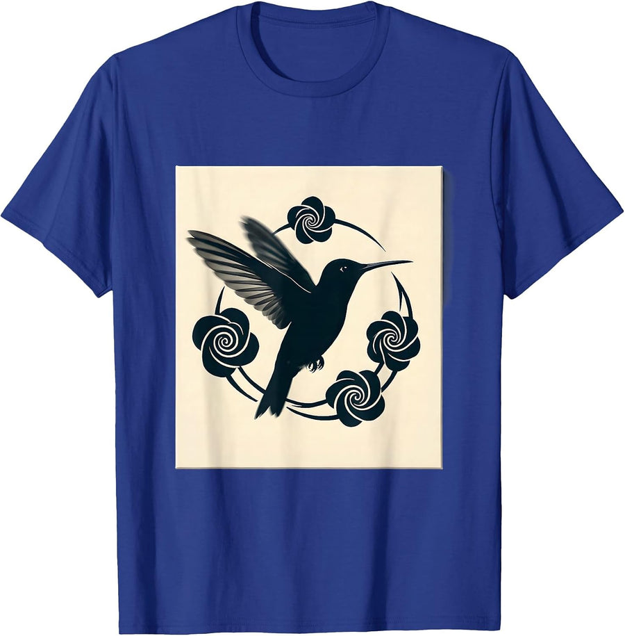 ADHD Hummingbird Swirling Floral Illustration T-Shirt - Royal Blue