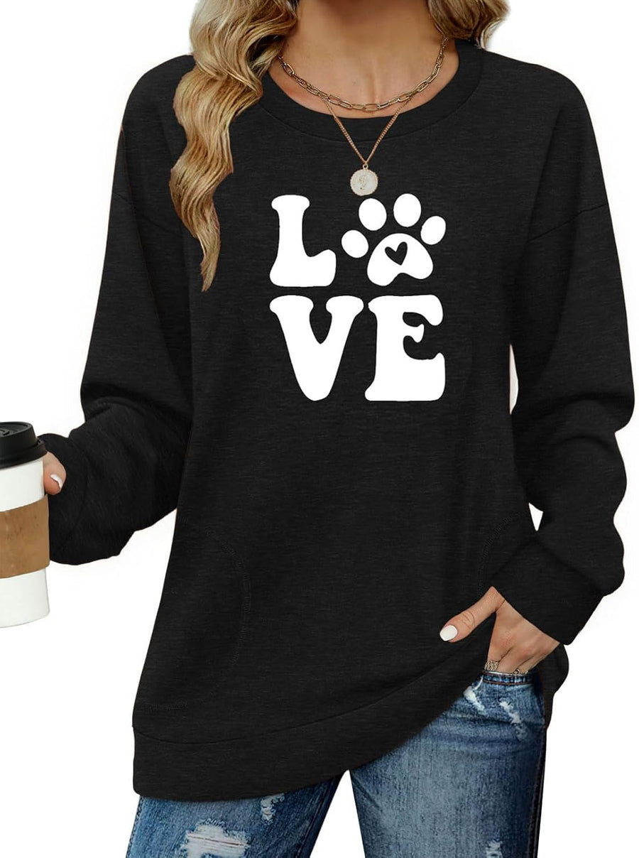 Long Sleeve Shirts for Women Casual Crewneck Sweatshirt 2026 Trendy Loose Basic Tunic Jumpers Tops - 19 Black Dog Love