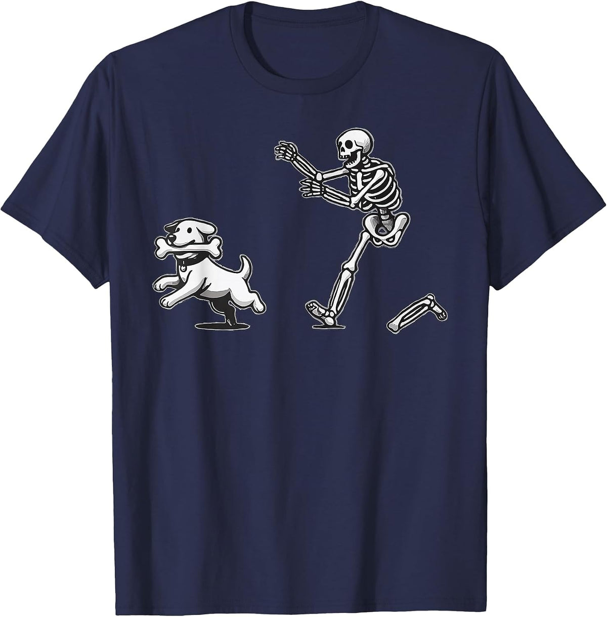 Skeleton Dog Halloween Skeleton Chasing Dog T-Shirt - Navy Blue