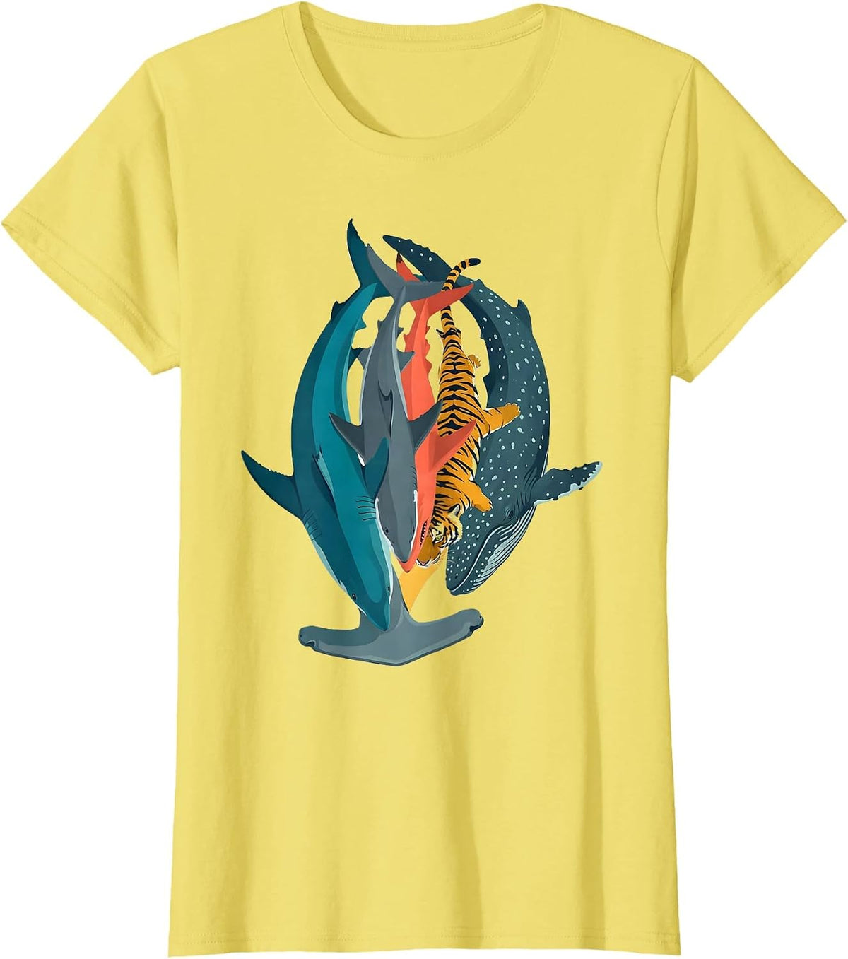 Women's Shark Column Flat Vector Funny Ocean Wildlife Gift T-Shirt - Lemon Yellow