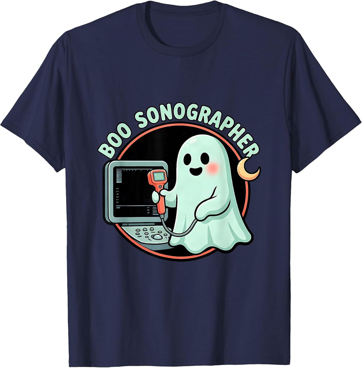 Boo Sonographer Cute Ghost Ultrasound Tech Halloween Humor T-Shirt - Navy Blue