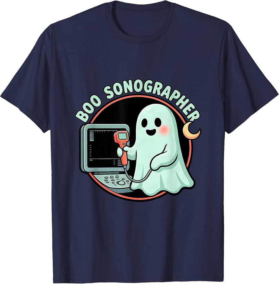 Boo Sonographer Cute Ghost Ultrasound Tech Halloween Humor T-Shirt - Navy Blue