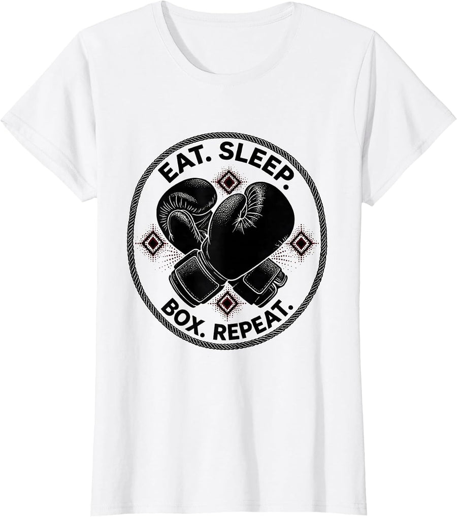 Women's Eat Sleep Box Repeat Boxing Enthusiast Design T-Shirt - White