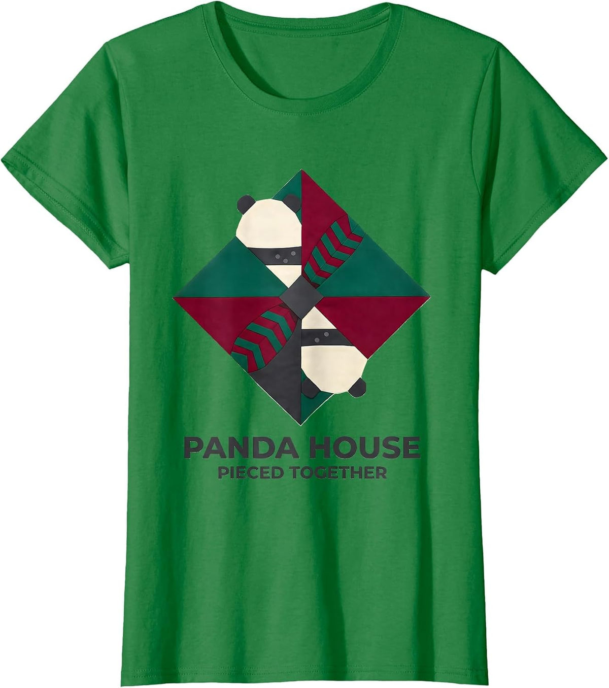Panda House Pieced Together Quilt Block Patchwork Animal T-Shirt - Kelly Green