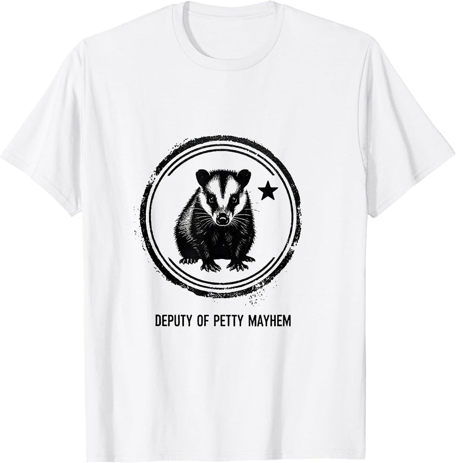 Men's Deputy of Petty Mayhem Rubber Stamp Opossum Quirky Animal T-Shirt - White