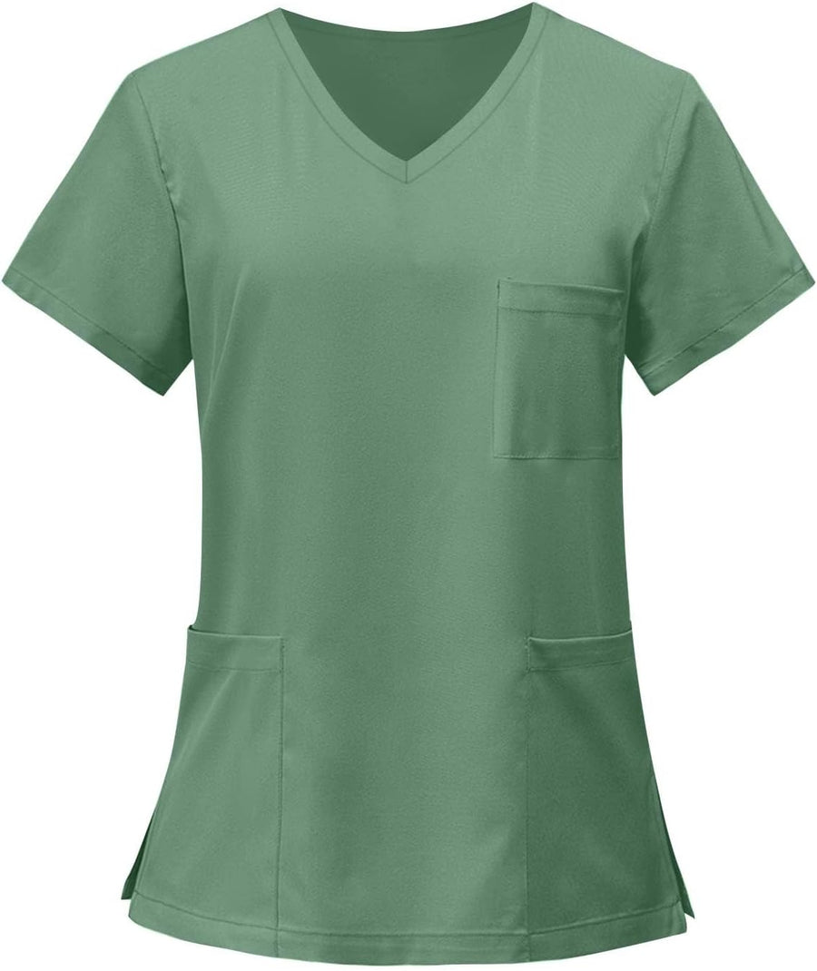 FONMA Scrub Tops for Women V Neck Stretch Shirts with Pockets Nurse Uniform - 01-green