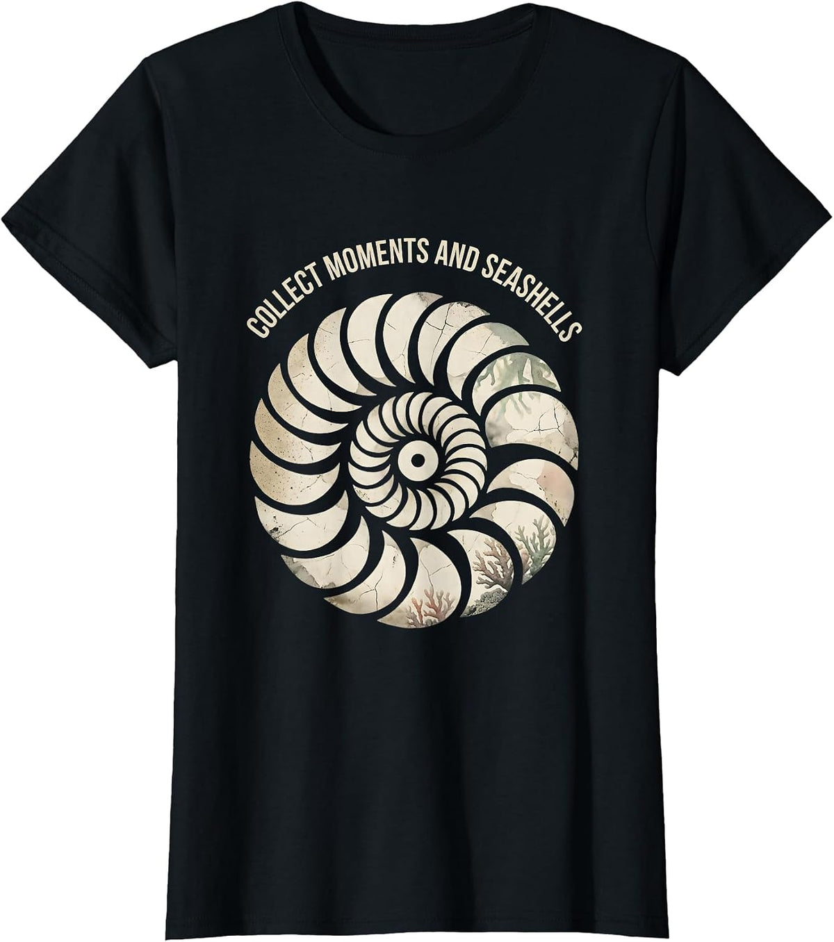 Collect Moments and Seashells Beach Design T-Shirt - Black