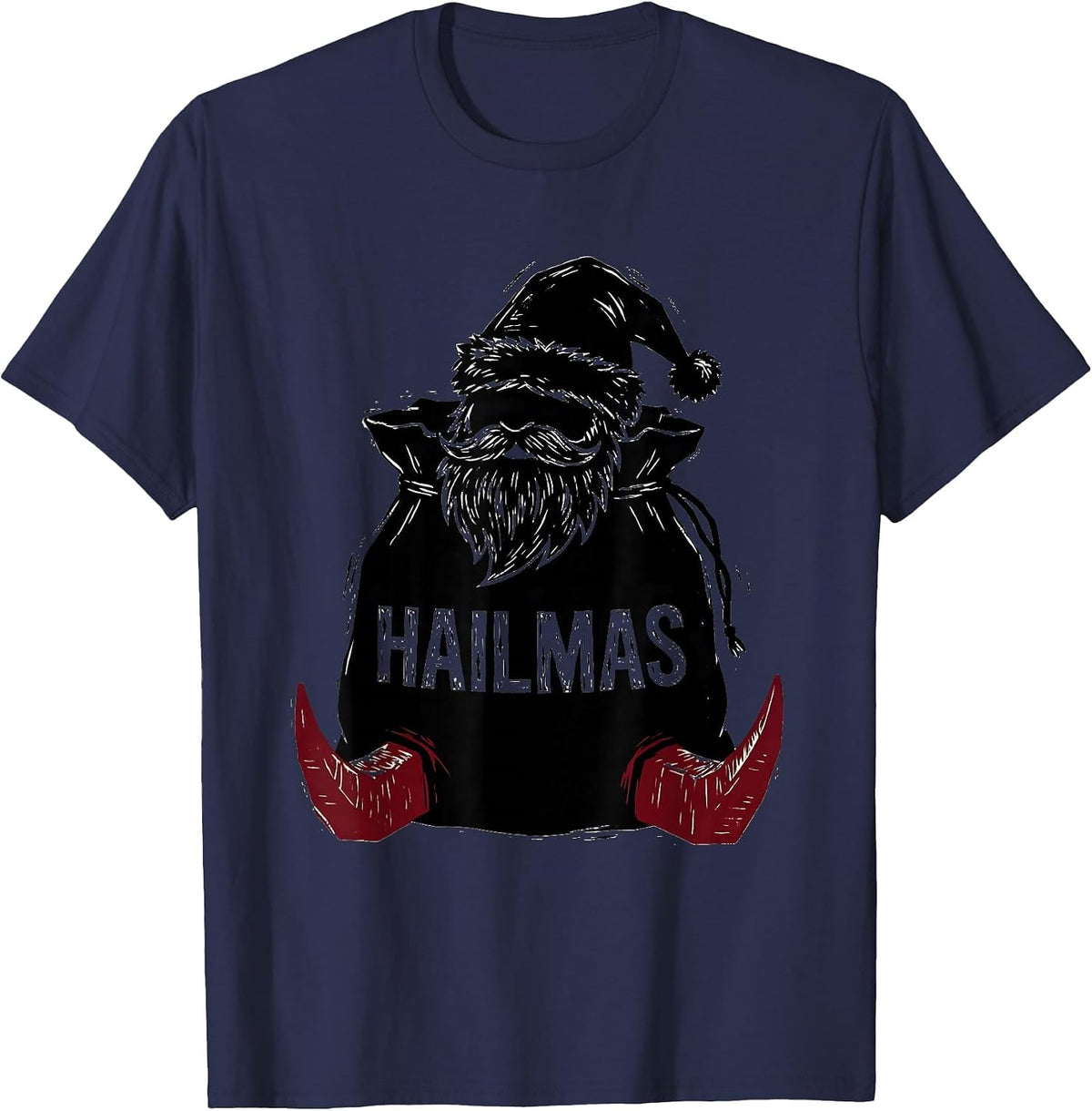 Hailmas Linocut Heavy Metal Santa Claus Rock On Christmas T-Shirt - Navy Blue