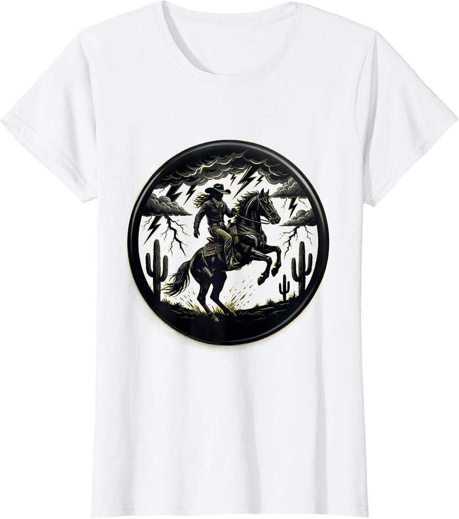 Women's Cowgirl Rearing Horse Thunderstorm Western Art T-Shirt - White