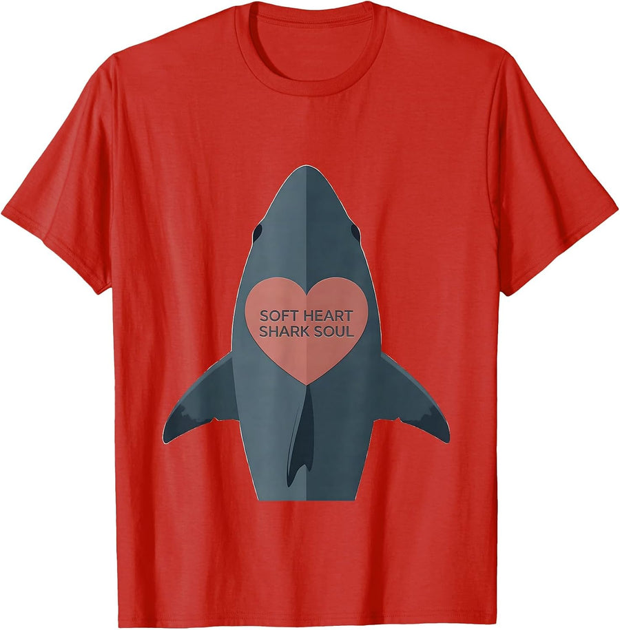 Men's Soft Heart Shark Soul Graphic Design T-Shirt - Red
