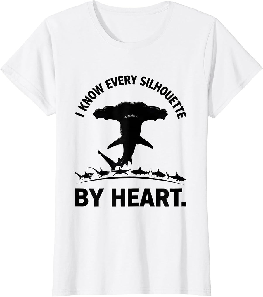 Women's I Know Every Silhouette By Heart Funny Shark Species Ocean T-Shirt - White