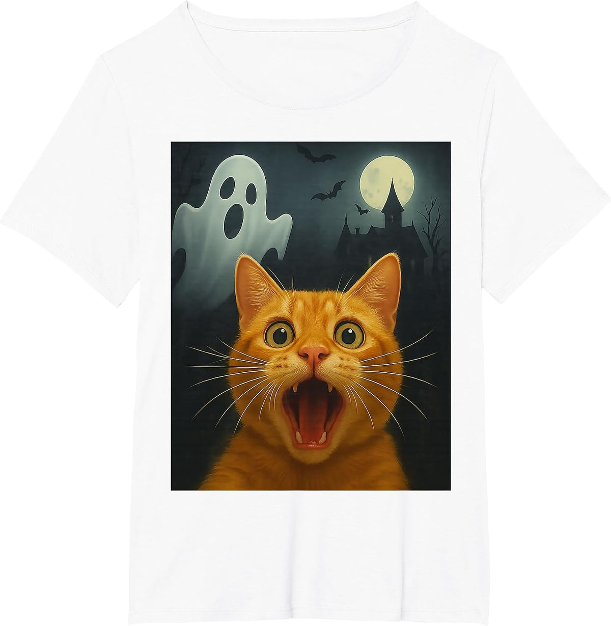 Cat Selfie with Ghost, Funny Cat Lovers Design T-Shirt - White