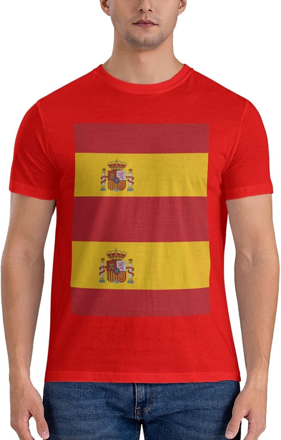 Spanish Flag Men's 100% Cotton Crewneck T-Shirt - Soft Breathable Black Short Sleeve Everyday Tee - Red