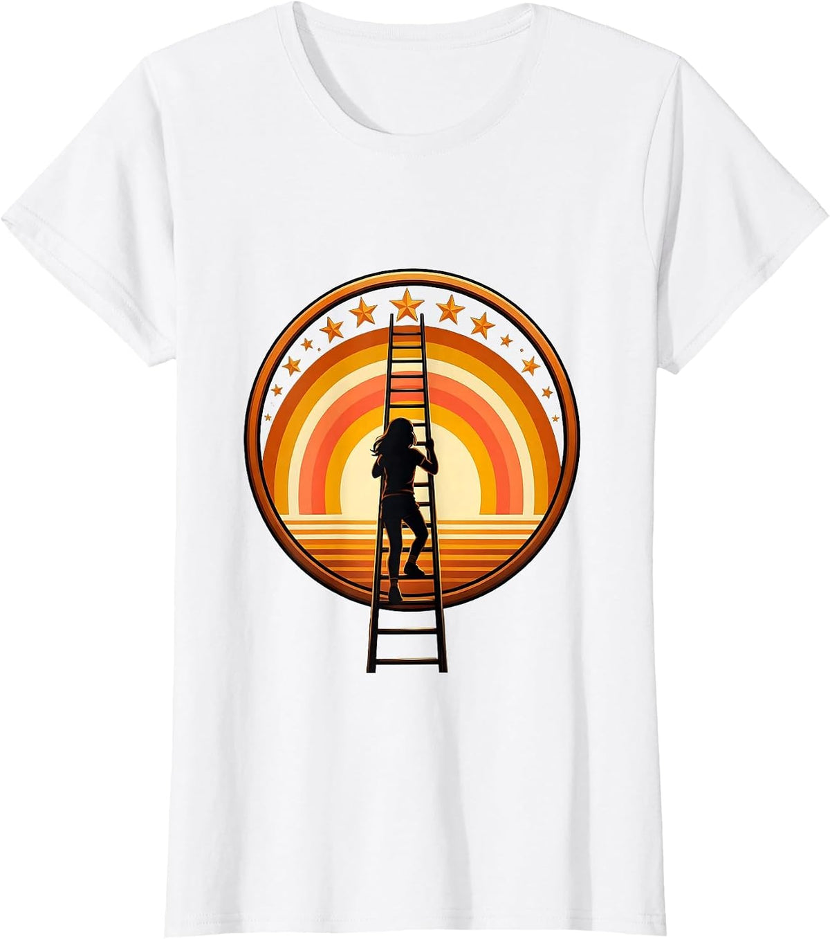Girl Climbing Ladder Into Starry Sky Illustration T-Shirt - White