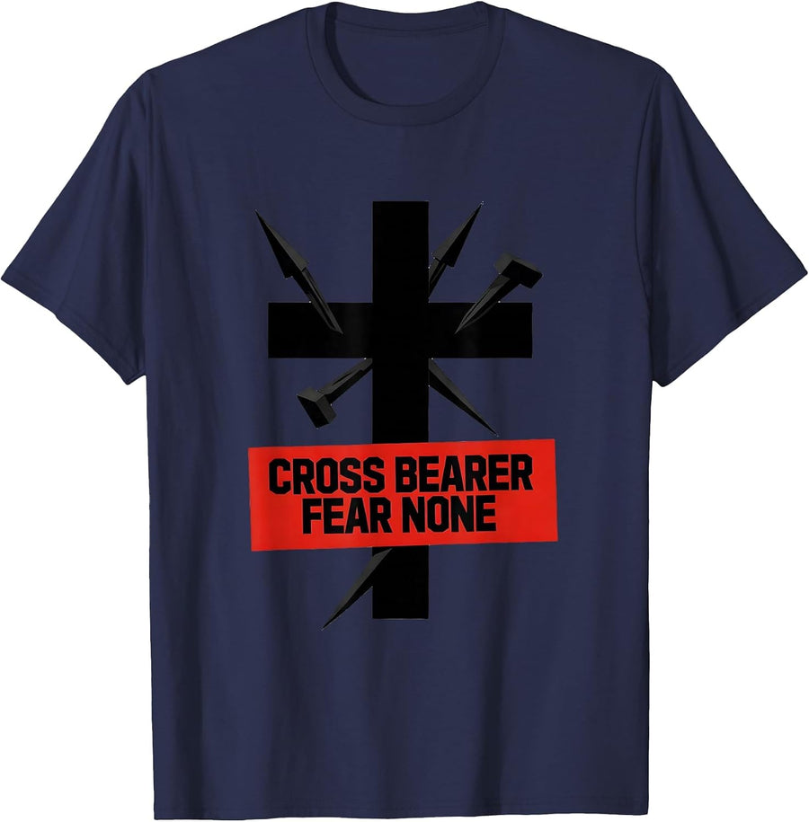 3 Nails Cross Bearer Fear None Design T-Shirt - Navy Blue