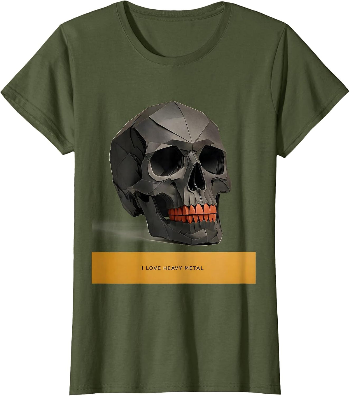 Women's I Love Heavy Metal Funny Rock Fan Skull Paper Cutout T-Shirt - Olive Green